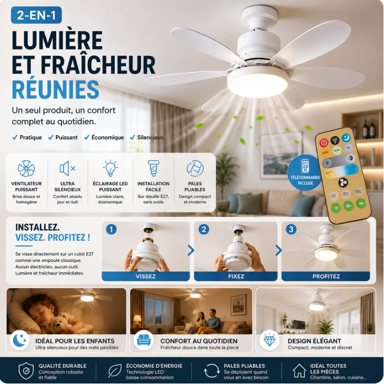Ventilateur de Plafond LED 2-en-1 | Silencieux & Économique - filtage